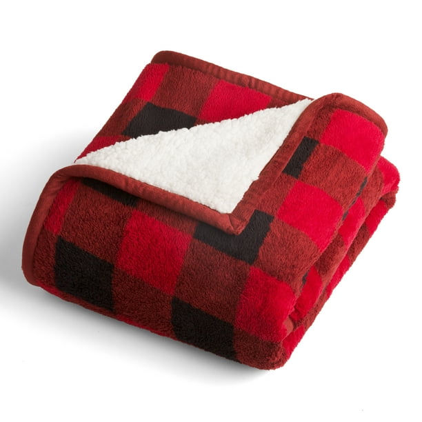 Better Homes & Gardens Printed Sherpa to Sherpa Red Buffalo Plaid Throw