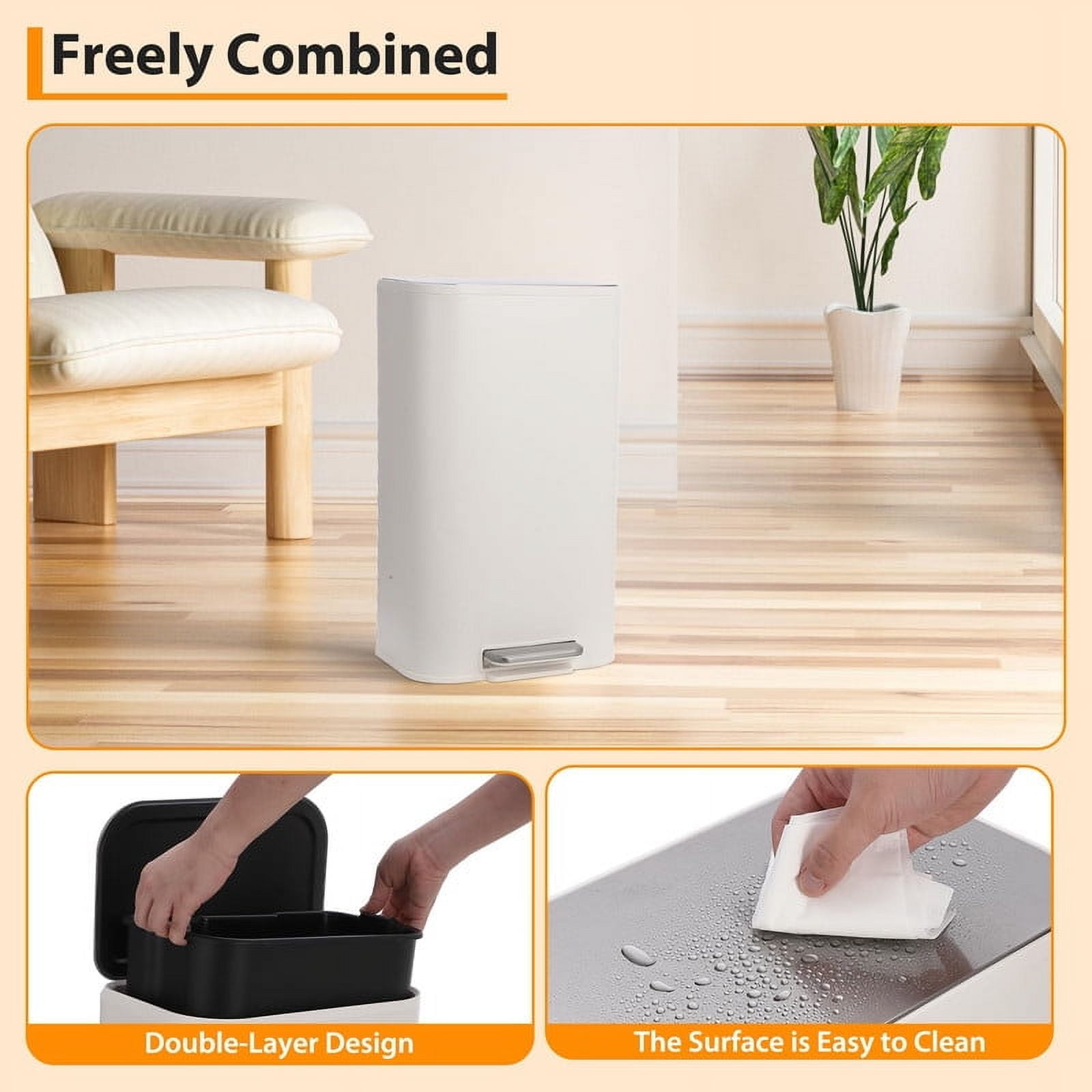 TROPOW Kitchen Trash Can,Stainless Steel Garbage Can with Lid, Step-On Pedal and Inner Bucket, Rectangular Trash Can for Home Kitchen Office Living Room