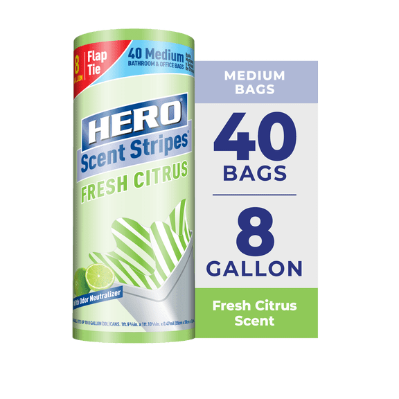 Hero Scent Stripes 8-Gallon, Citrus Scented, Medium Flap Tie Trash Bags, 40 Count
