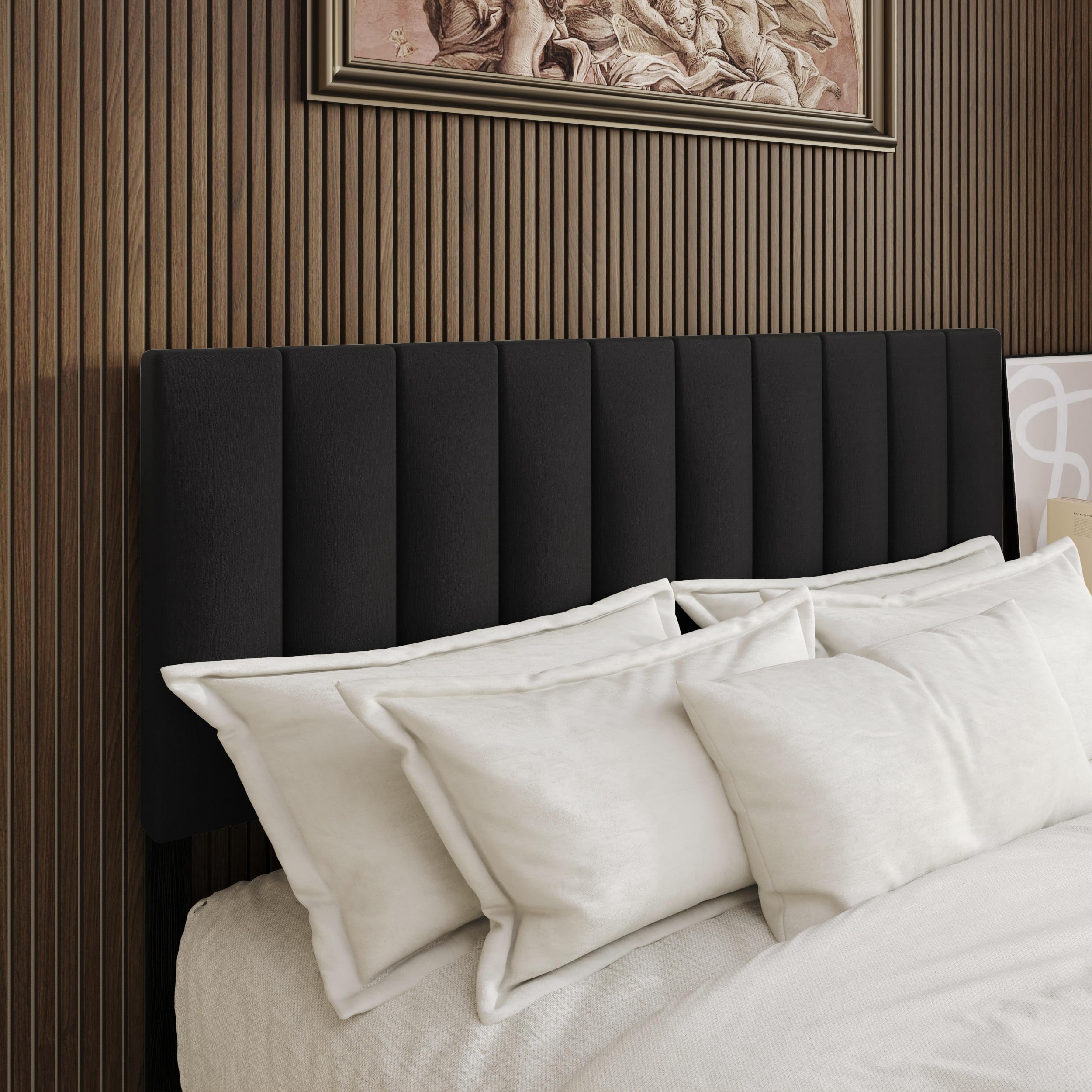Home Design Dennis King Upholstered Headboard with Vertical Channel Design, Adjustable Height, Black