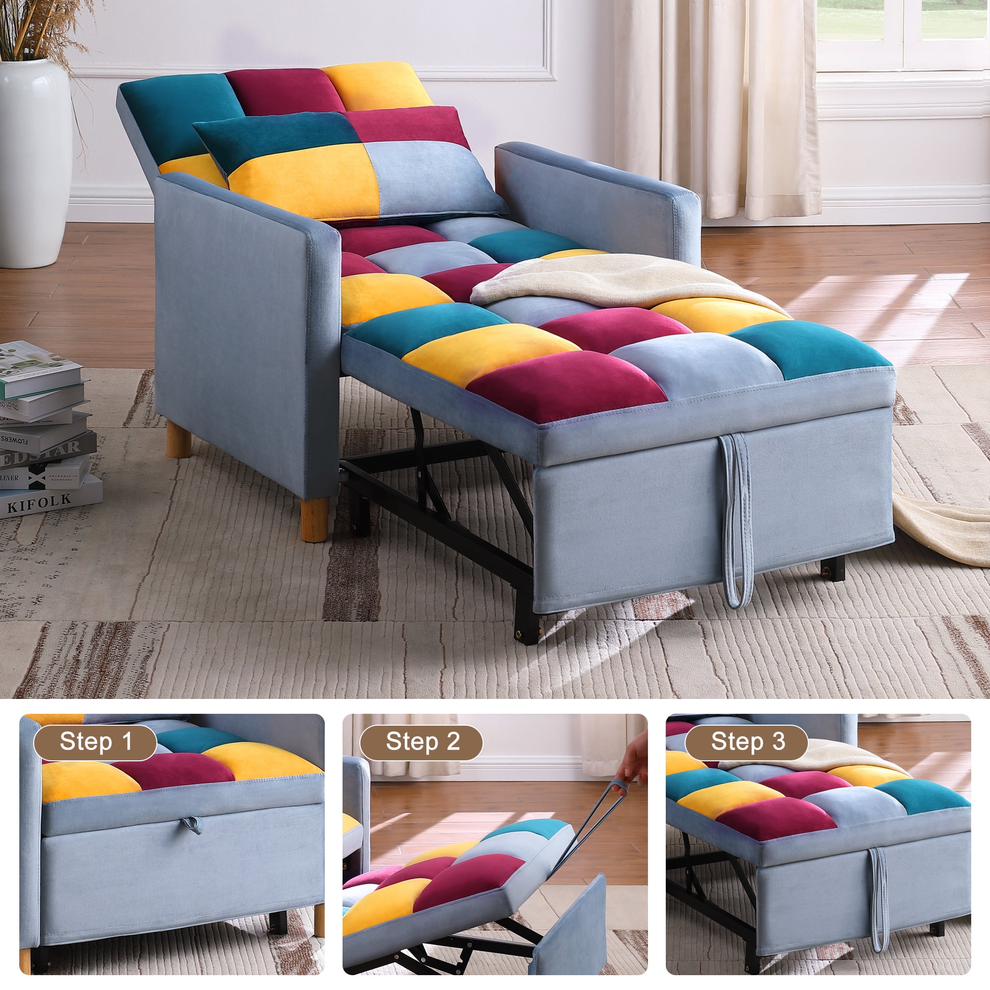 Aukfa 3-in-1 Sleeper Chair, Convertible Pull Out Chair Bed for Small Space, Patchwork