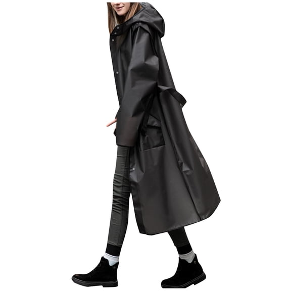 Long Raincoat with Waistband for Adults, Waterproof Outdoor Hiking Poncho Windbreaker with Hood, Lightweight Breathable Rain Jacket for Travel Camping and Fishing, Black