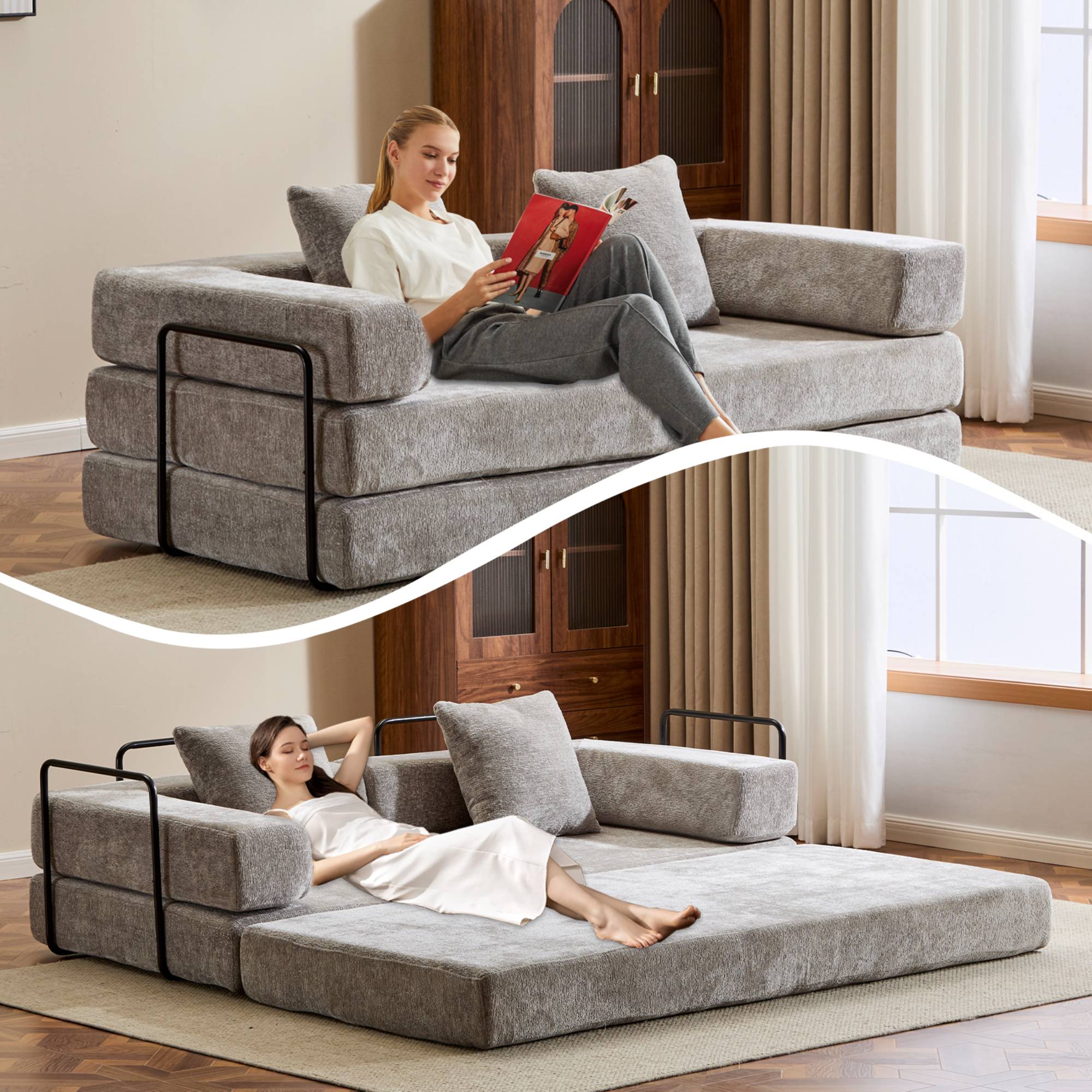 Convertible Sleeper Sofa Bed with Pillow, Corduroy Folding Mattress Floor Sofa Lounge Couch for Living Room, Bedroom, Light Grey