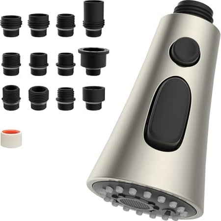 3-Function Pull Down Kitchen Faucet Head Replacement with 12 Adapters, NSF/ANSI/CAN 61 & CUPC Certified Sink Spray Nozzle, Compatible with Moen, Delta, Kohler Faucets, Brushed Nickel