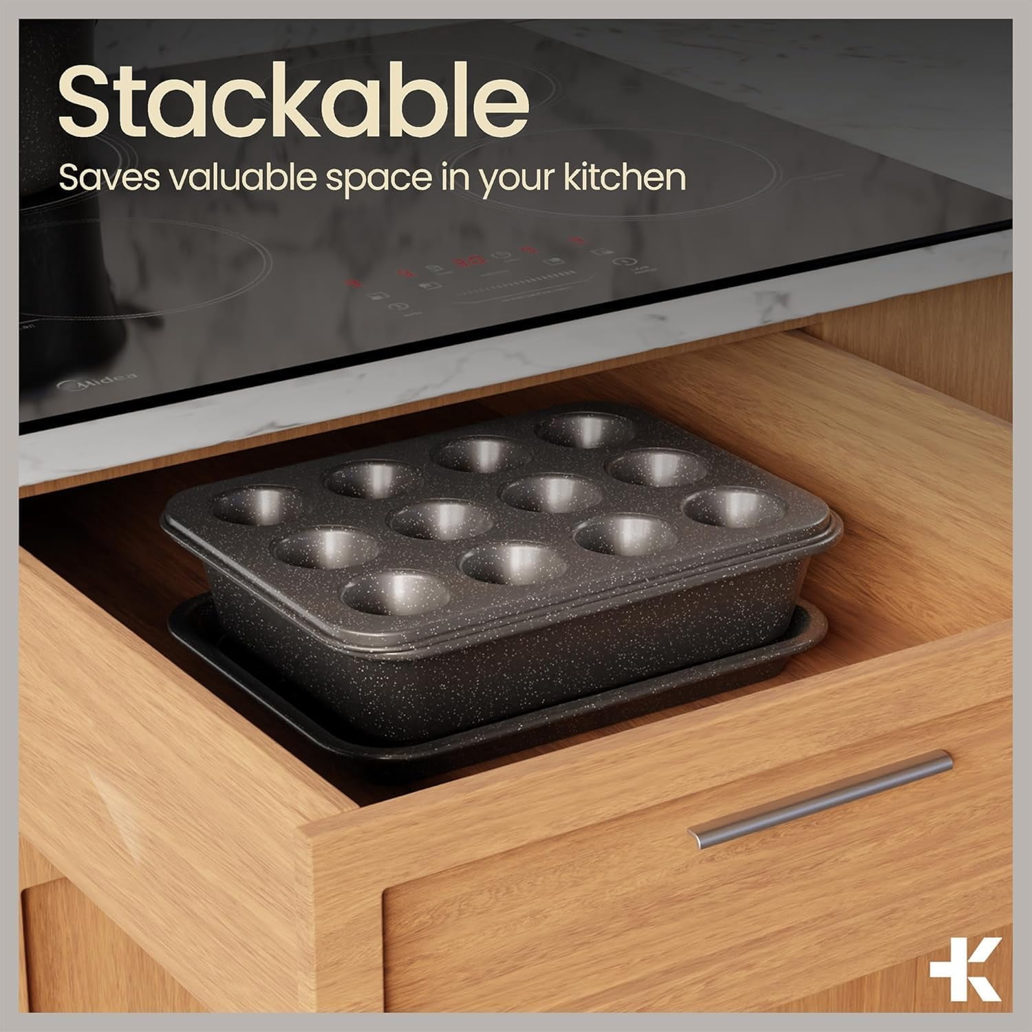 Bakken 4-Piece Bakeware Sets, Nonstick Carbon Steel Baking Sheet, Stackable Space-Saving Bakeware, Dishwasher Safe, Oven Safe 450°F, Gray Marble