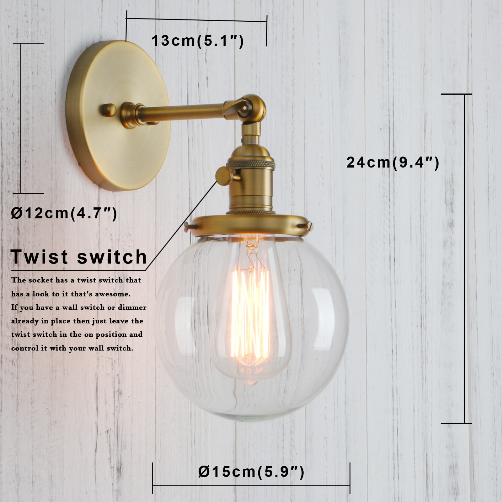 5.9" GLOBE CLEAR GLASS VINTAGE INDUSTRIAL WALL LAMP SCONCE PLUG IN DECOR LIGHT 