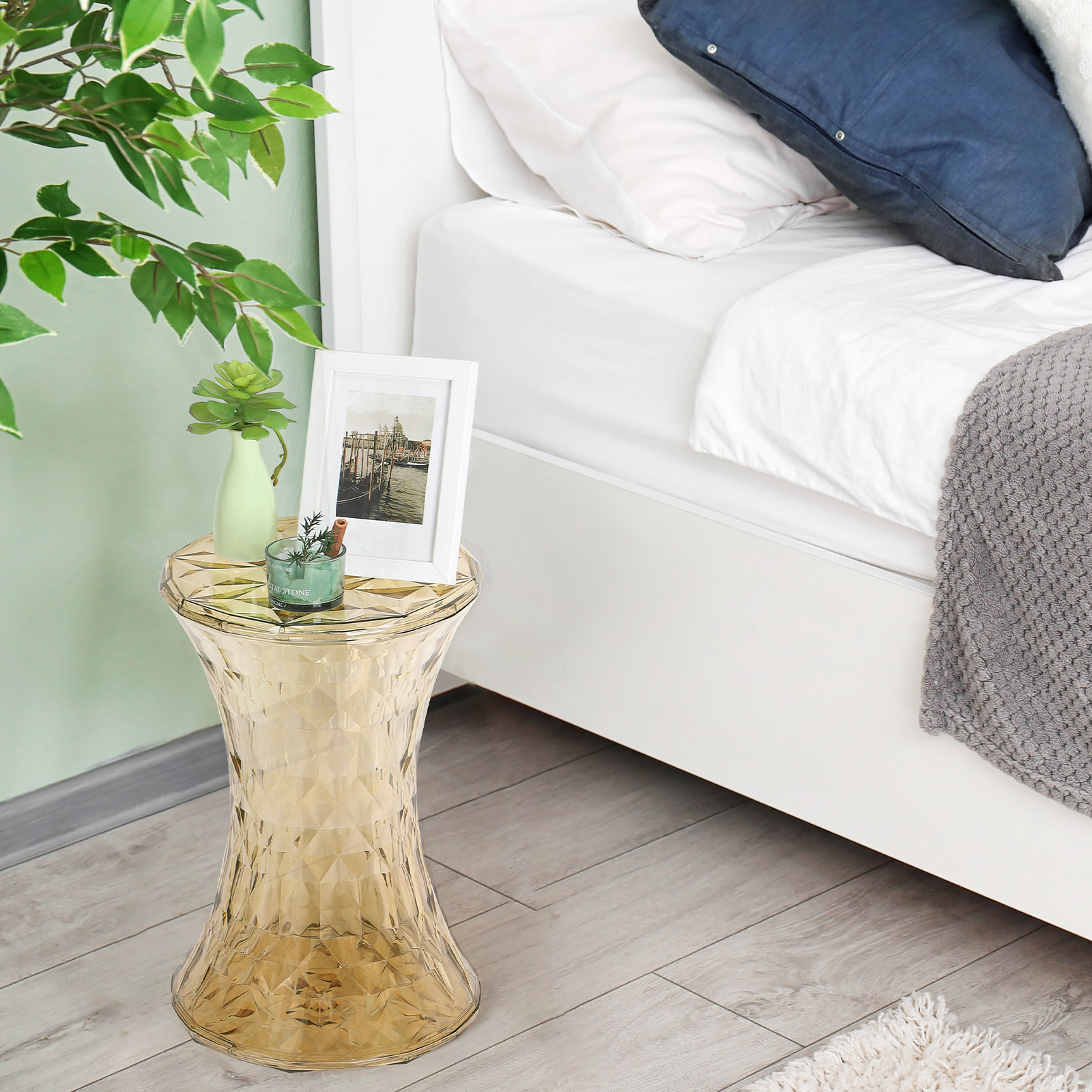 Plastic Hourglass Side Table Bedroom Nightstand, Transparent Gold