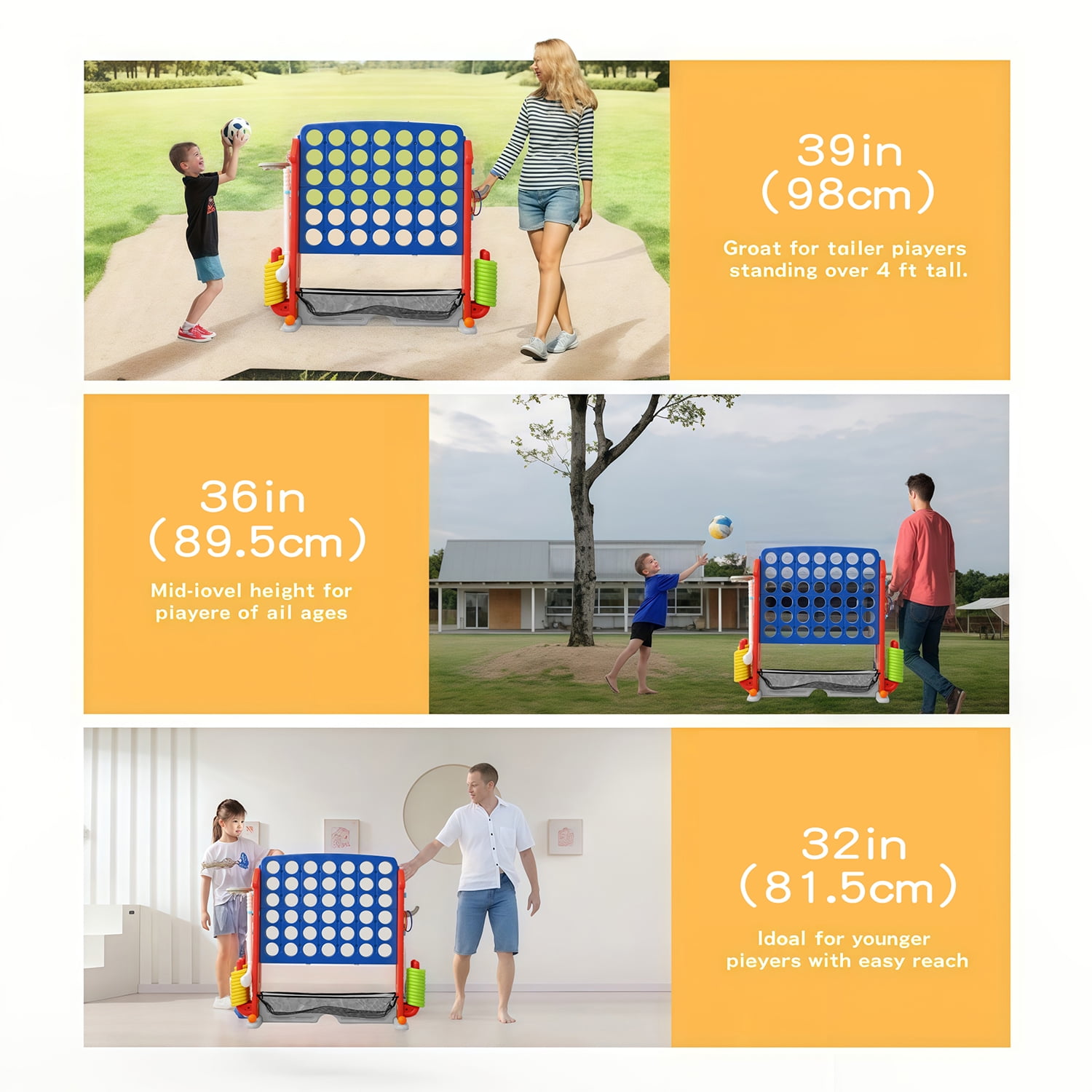 UNICOO Giant 4 in A Row Game with Carry Bag, Basketball Hoop, Ring Toss Game, 4-to-Score Game | Large Outdoor Yard Game, Parties & Gatherings Games