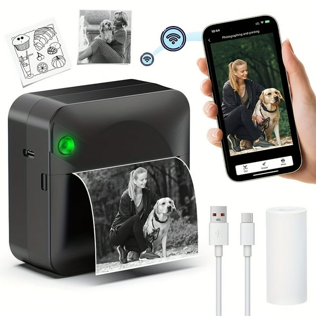 Imprimante Thermique Sans Fil Portable avec 1 Rouleau de Papier Thermique - Mini Imprimante de Reçus Sans Fil Format de Poche Convenant aux Téléphones Intelligents, Compatible pour /, Factures en Déplacement, Photos, Journaux Intimes et Notes