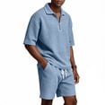thumbnail image 4 of Havenx Mens Summer Track Suits Waffle Short Sleeve Outfit with Pockets Quarter Zip Textured Set Casual Summer Vacation Beach Fashion Clothing,Light Blue XL, 4 of 6