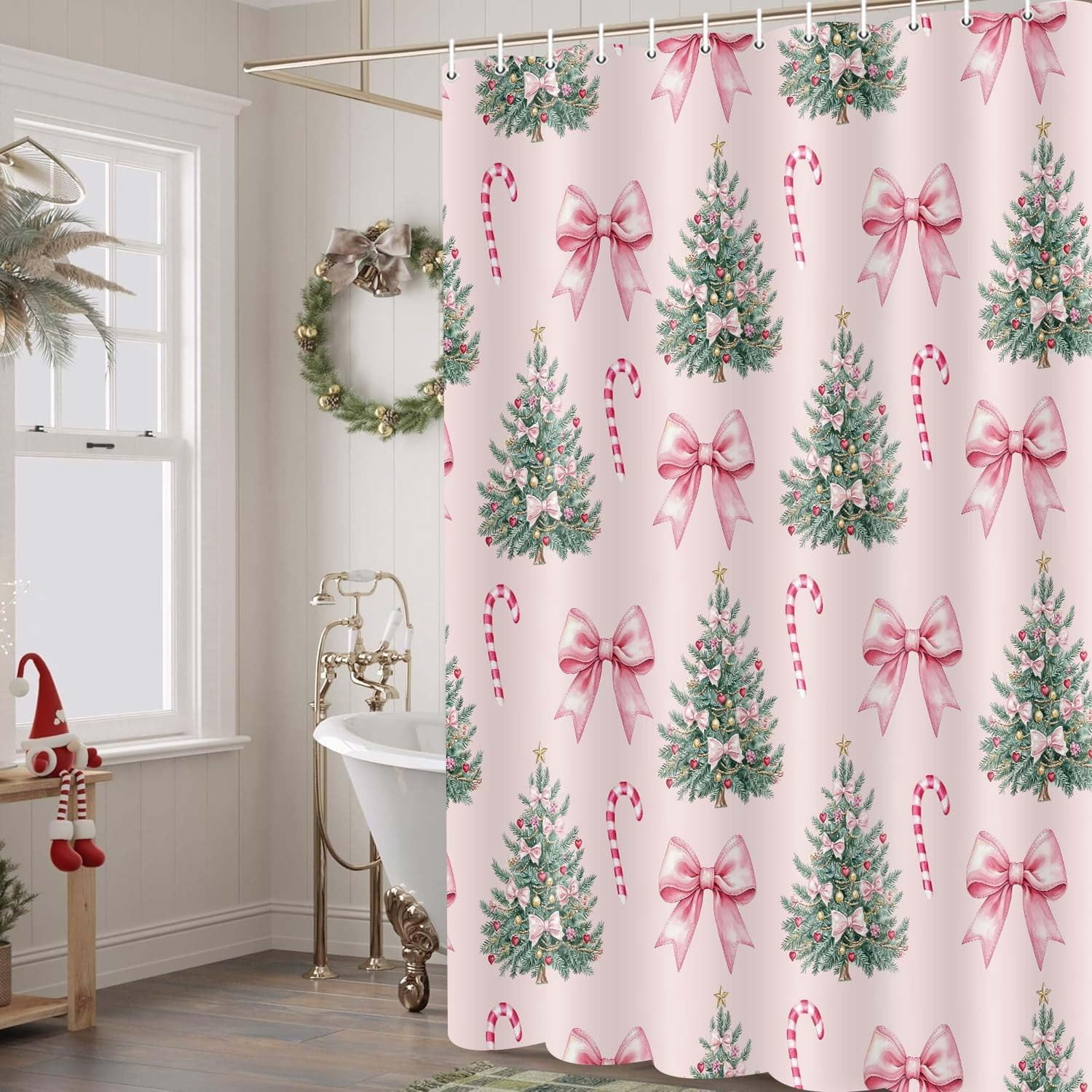 Whimsical Pink Christmas Holiday Shower Curtain Vintage Inspired Xmas Bath Curtain with Christmas Trees Playful Candy Canes Flouncy Bows, Cute Kawaii Coquette Aesthetic Festive Bathroom Decor 70X70IN