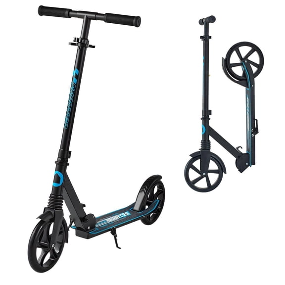 Kids Teens Adults Kick Scooter 2 Wheel Adjustable Height Handlebar Wide Anti Slip Deck Foldable Lightweight 220 lbs Black Blue