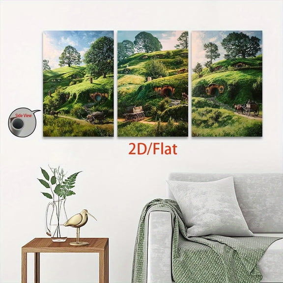 2D Flat 3pcs Rustic Hobbit-Inspired Landscape Canvas Art - Frameless, 2D Flat Wall Decor for Home, Office, Kitchen - Ideal for Halloween, Christmas, Birthday Gifts, Living Room & Party Decor, Living