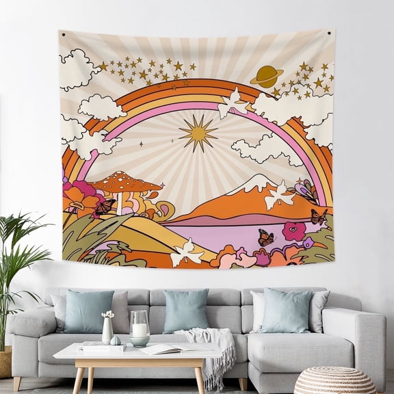 PBOBRIICH Vintage 70s 60s Groovy Tapestry Retro Rainbow Tapestry for Bedroom Orange Boho Tapestry Wall Hanging for Room,50Wx60L