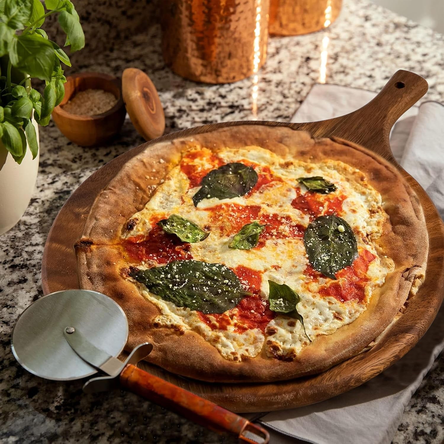 SOFE Walnut Wood Pizza Serving Board, 12" Round Thick Cutting Board with Handle, Decorative Wooden Chopping Boards for Kitchen, Cheese/Charcuterie Board for Bread, Vegetables, Fruit, Meat