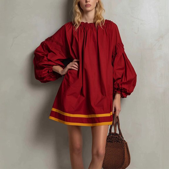 Morttic Women's Elastic Crew Neck Mini Dress – Puff Long Sleeve Striped Hem Loose Short Dress for Cute Daily Outfit & Vacation Red,S