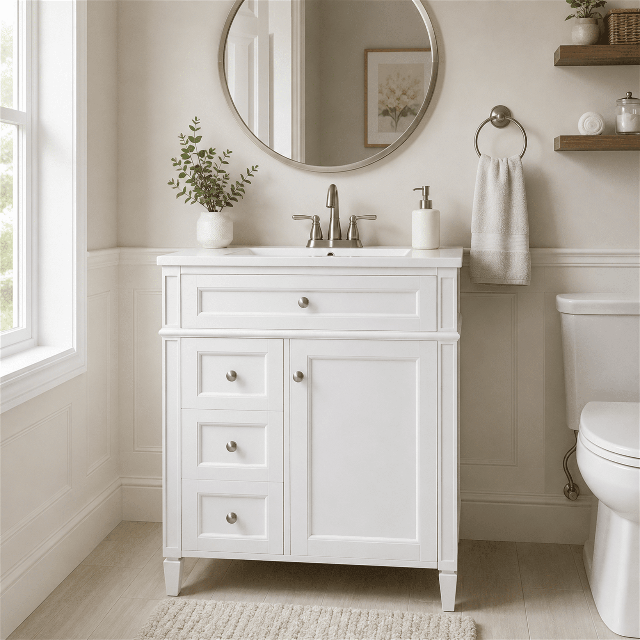 Homy Casa 30 Inch Bathroom Vanity with Ceramic Sink, Freestanding Storage Cabinet, White