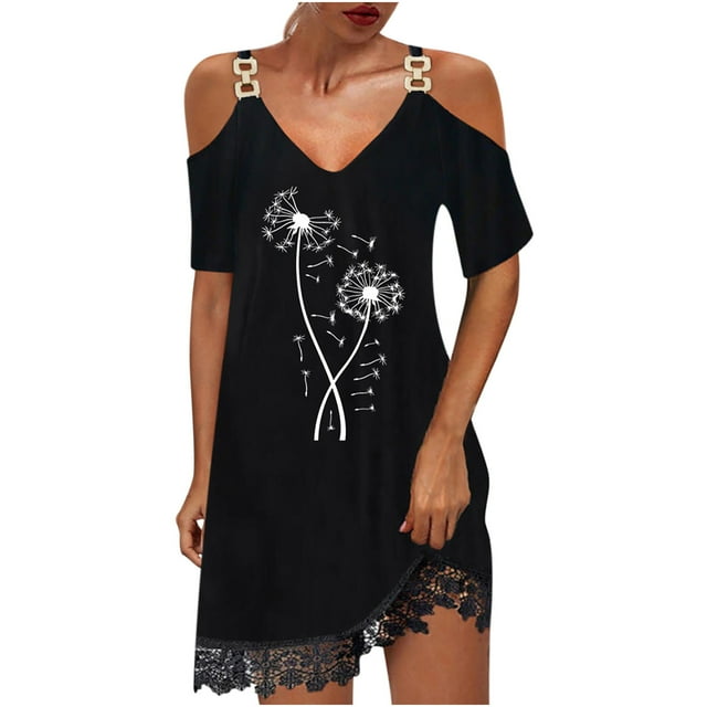 Bowake Robe Épaules Dénudées pour Femmes Mode Imprimée Manches Courtes Col en V Robe d'Été Ourlet Crochet Tunique Courte Robe de Soirée