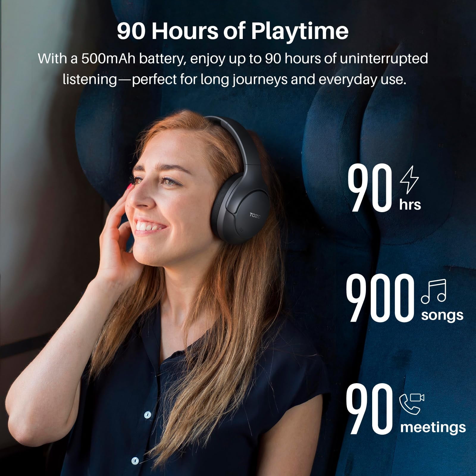 TOZO HT3 Wired/Wireless Over Ear Noise Cancel Bluetooth 6.0 Headphones for Adults, ANC/ENC 5 Mic, 90H, Hi-Res Audio, App-32EQ, Foldable/Adjustable Headband, AUX 3.5mm, Comfort Earcup for Home, Black