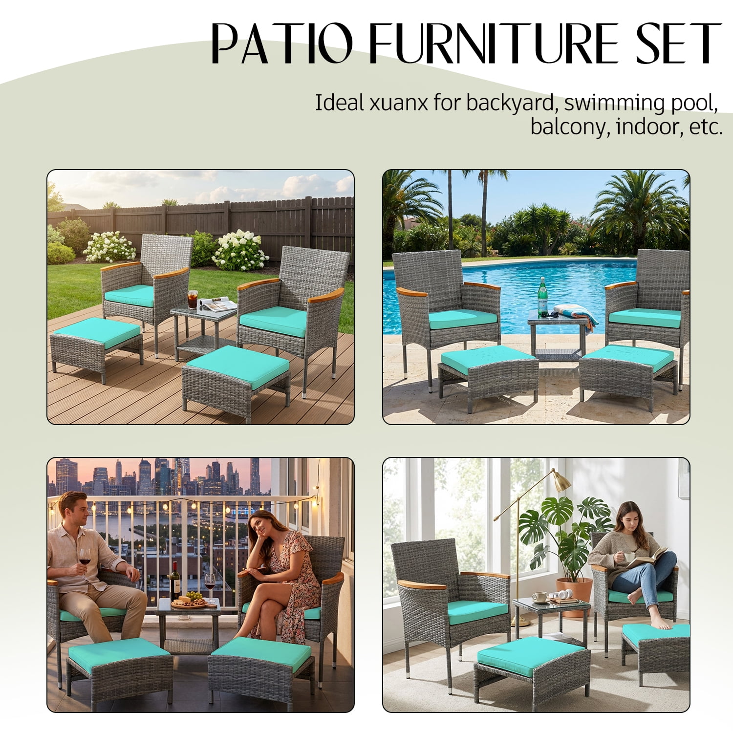 5 PCS Outdoor Patio Furniture Set with Table&Ottoman Outdoor Furniture Patio Set Bistro Wicker Patio Set (Gray Wicker&Green Cushion)