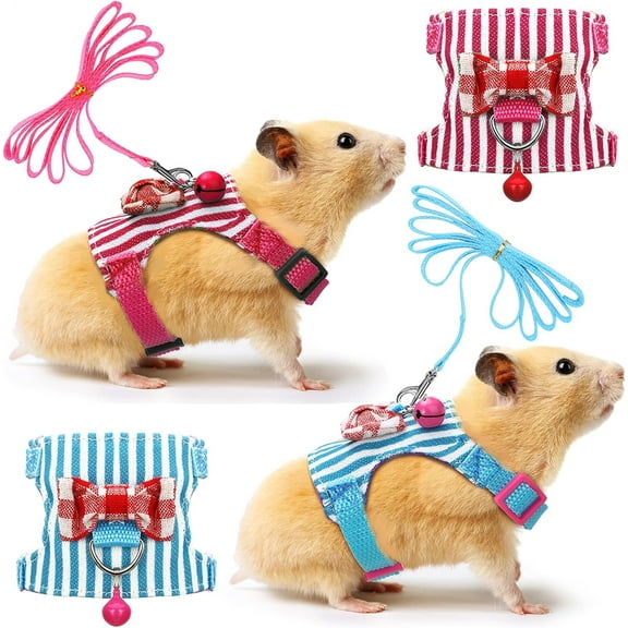 2 Pieces Hamster Harness and Leash Set for Walking, Small Guinea Pig Clothes with Bowknot Bell, No Pulling Comfort Padded Vest Striped for Guinea Pig Hamster Ferret, Small Animals