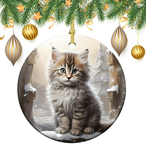 Christmas Ornament Kitten Sitting In The Snow Double-Sided Ceramics Ornaments Valentine's Cat Lover Holiday Ornament for Home Christmas Tree Decor for Family Friend