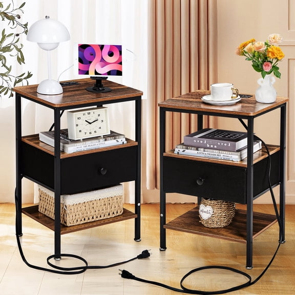 VECELO Set of 2 Nightstand with Charging Station, Bedside Table with Fabric Drawer, 3-Tier Storage End Table, for Living Room, Bedroom, Brown
