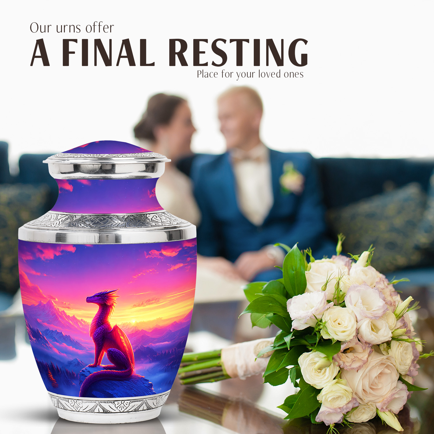 JAGASY Dragon Burial Large Urn for Ashes Adult Female, Purple Urn for Ashes Adult Male, Snowy Mountain & Sunset Decorative Urns for Friends, Handcrafted Cremation Urns for Girls & Boys, (10 Inch)