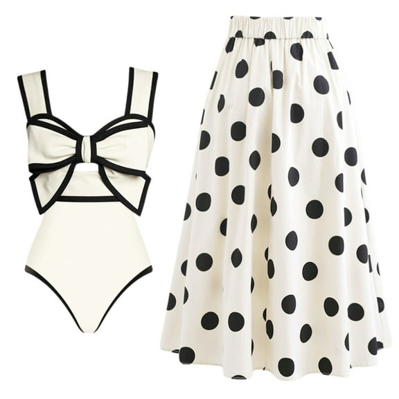 Flaxmaker Women One Piece Swimsuit Set Color Bow Cutout Black and White Padded Swimsuit and Skirt Two Piece Bathing Suit Swimwear