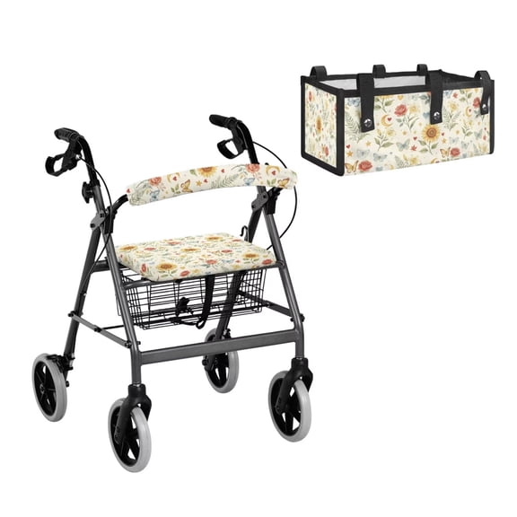 COEQINE Rollator Walker Seat & Backrest Rollbar Covers with Carry Storage Bag 3 Pack Set, Universal Size Decorative Cushion Cover for Women Men Elderly, Pink Rose Leaf Floral