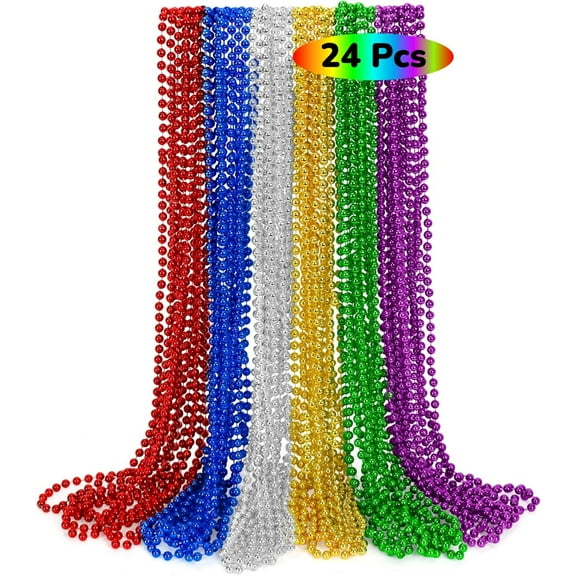 LQQBOX 24 PCS Mardi Gras Beads, 31.5" Carnival Beaded Necklaces, 6 Colors Bead Necklace Party Supplies, Round Beaded Costume Necklaces for Festive Event Accessories Parade Throws Favors