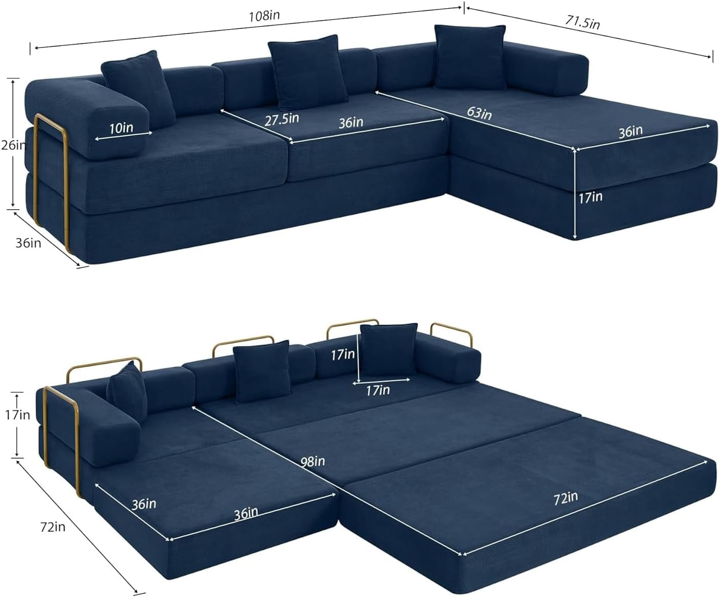 Ywen 108" Modular Sectional Sofa,Futon Convertible Sofa Bed,Oversized Corduroy Boneless Couch for Living Room,Floor Loveseat Sleeper with Pull Out Bed,Free Combination,No Assembly Required (Blue)
