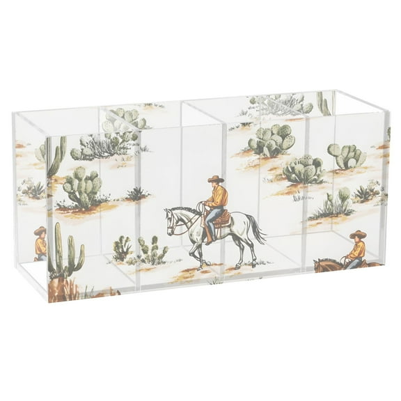 Pen Holder 4 Compartments Acrylic Pencil Cup Desktop Makeup Organizer Office Supplies Western Cowboy Hours Cactus