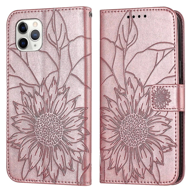 funda tipo cartera con girasoles grabados para iphone 11 pro max: elegante, multifuncional y con protección total. Folio en color oro rosa con gran girasol grabado en el exterior de PU y costuras visibles; cierre tipo billetera con solapa magnética, recorte para cámara triple y orificios de altavoz. Interior de TPU con ranuras para varias tarjetas y soporte horizontal para entretenimiento manos libres; apta también como estuche compacto para llevar tarjetas y efectivo con estilo.