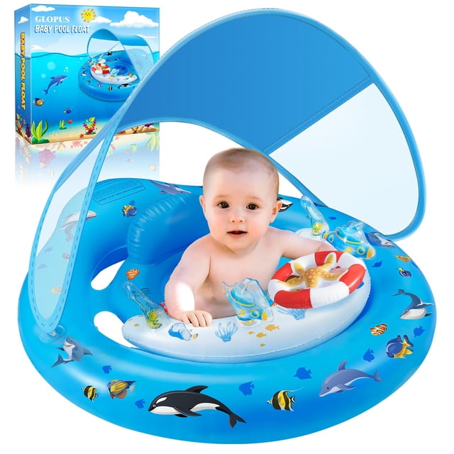 Baby Pool Float with Canopy UPF50+ Sun Protection, Inflatable Kids Pool Floats with Ocean Animal Toys for Baby 6-36 Months, Infant Swimming