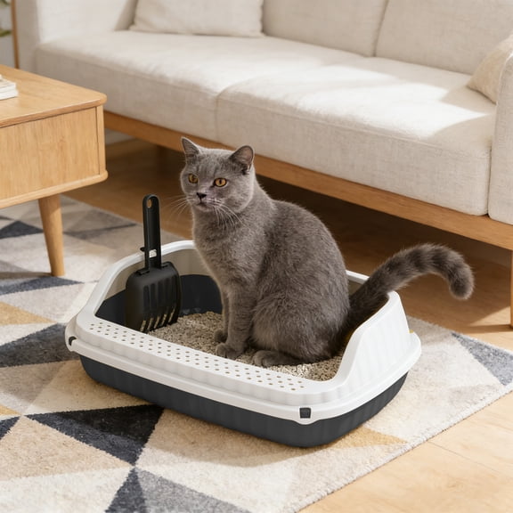 KTFgvq Semi Enclosed High Back Litter Box, Splash Proof Cat Litter Pan with High Sides, Spacious Open Design for Easy Scooping, Includes Litter Scoop, 4.72" x 10.63" x 14.37", Dark Gray