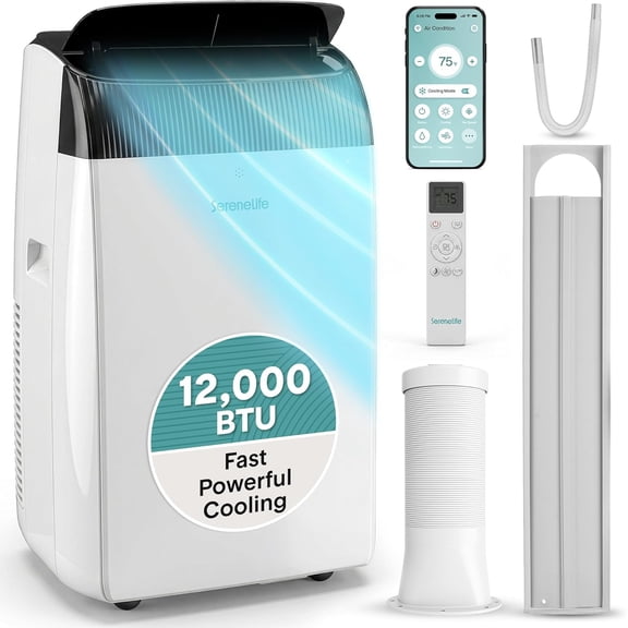 SereneLife 14,000 BTU Portable Air Conditioner with Wi-Fi – Portable AC Unit with Dehumidifier, Fan Modes & Window Kit for Rooms up to 650 Sq Ft (Gray)