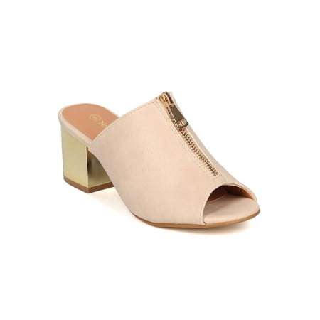 

New Women Nature Breeze Glare-02 Leatherette Peep Toe Metallic Block Heel Mule