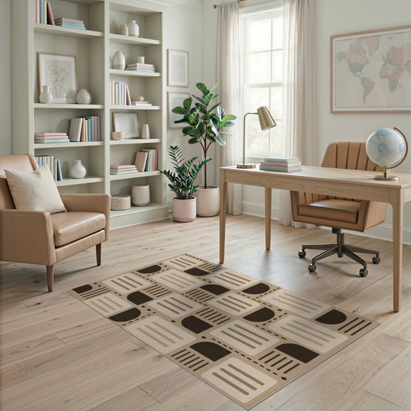 ODIKA 4'x6' Tan Brown Mid Century Modern Geometric Washable Area Rug Contemporary Abstract Squares Semicircles Stripes for Home Office, Under Desk, Non-Slip Chair-Friendly, Flatwoven