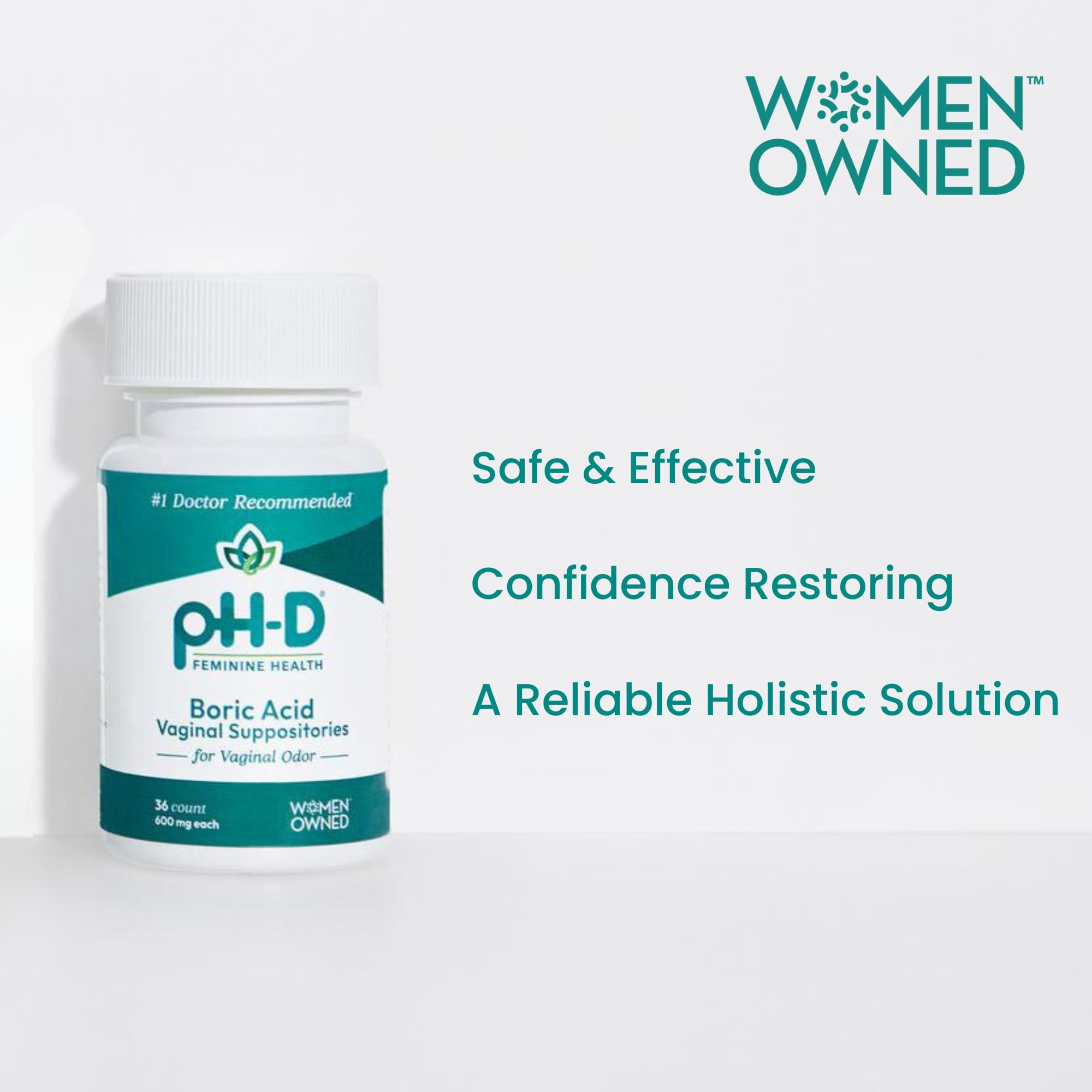 pH-D Feminine Health Support - 600 mg Boric Acid Suppositories - Woman Owned - for Vaginal Odor Use - 36 Count