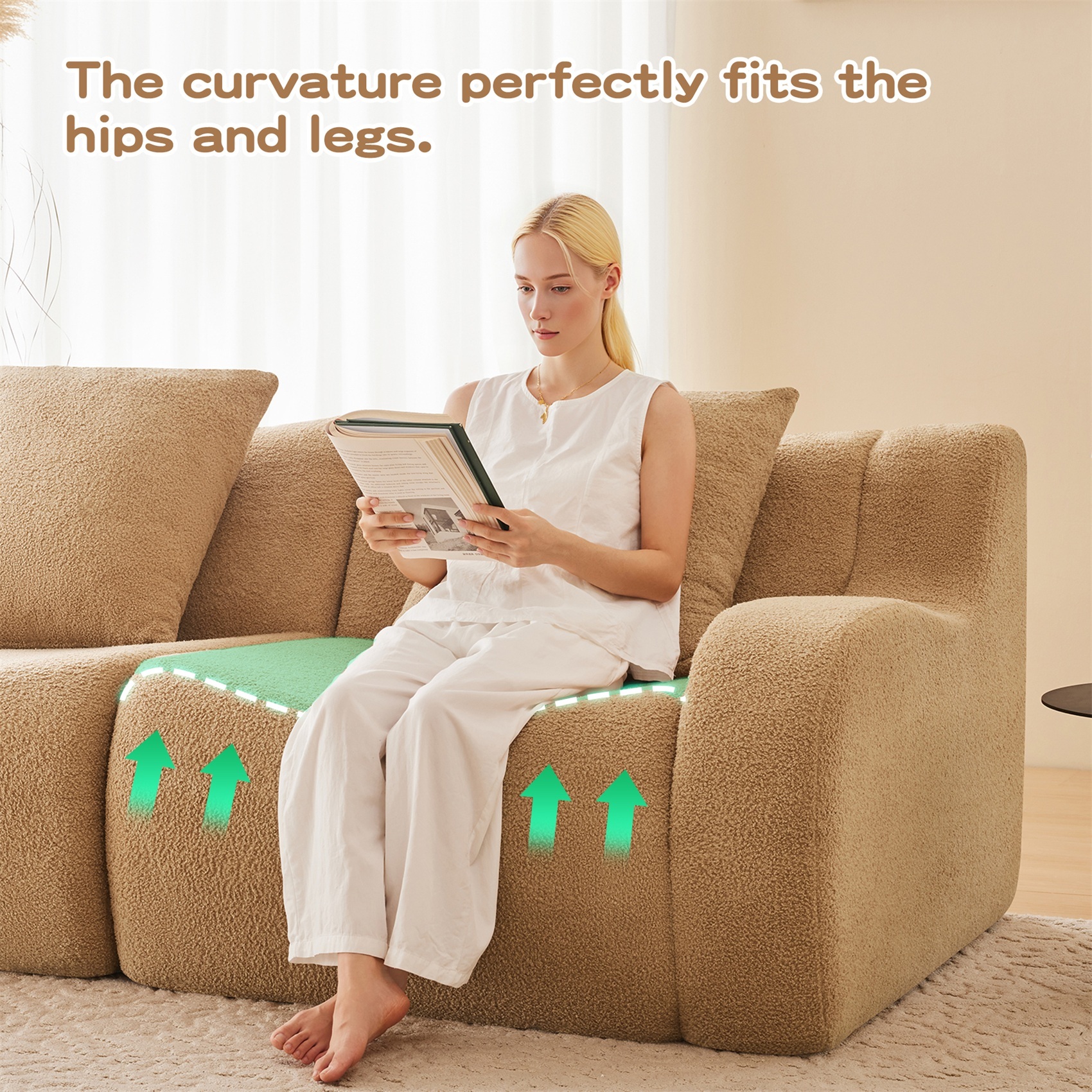 Alvantor Sectional Sofa with Reversible Ottoman 115" W 3-Seater Teddy Boneless Couch Chaise Modern Deep Seat Cloud Sofa for Living Room Camel