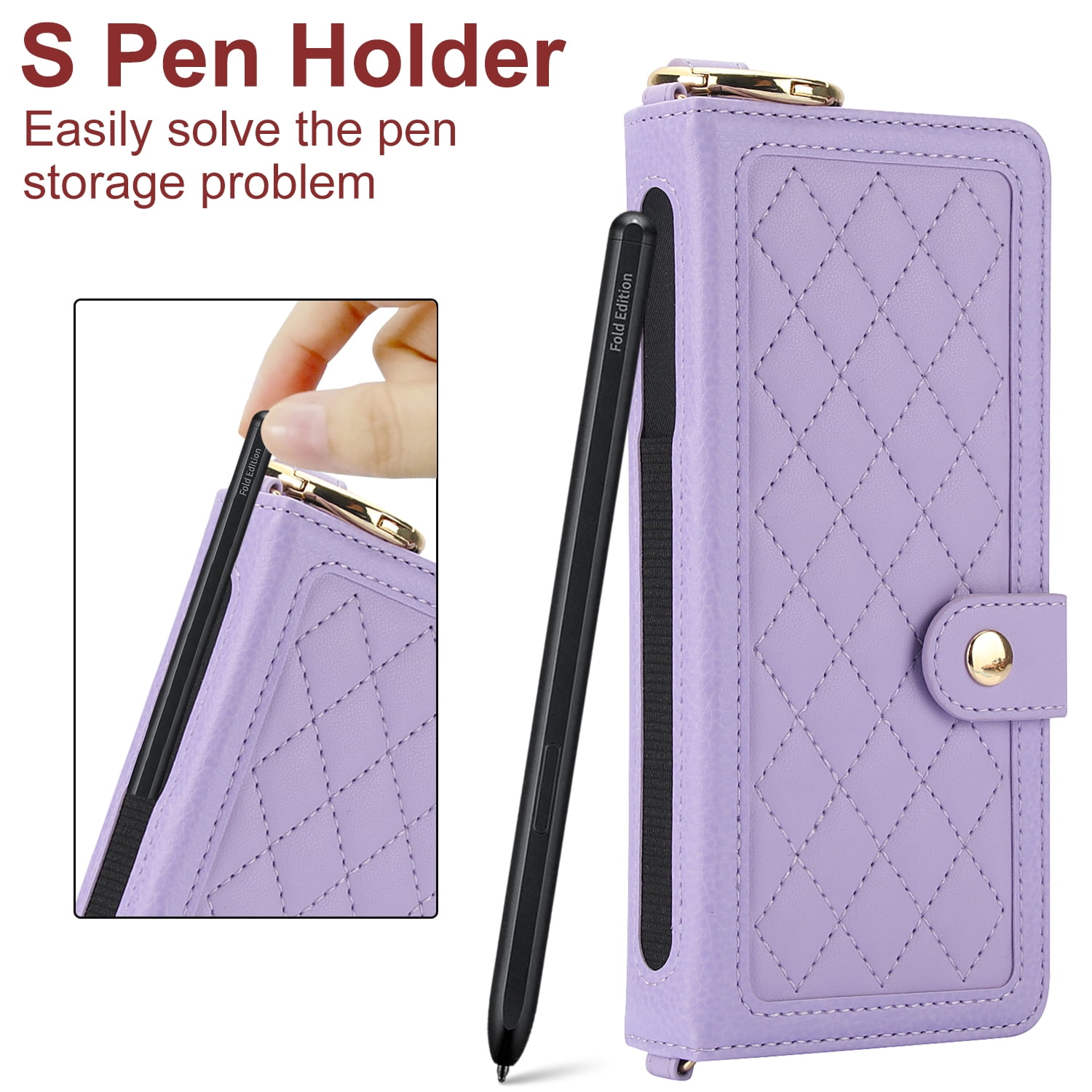 ShellTech Phone Case for Samsung Galaxy Z Fold 7 2025 Flip Leather Wallet Cover with S Pen Holder & Crossbody Lanyard Strap Credit Card Slot RFID Blocking Women Men Girls,Lightpurple