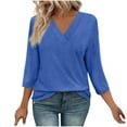 thumbnail image 2 of PiGOGI Women's Long Sleeve Shirt Women's Fashion Solid Color T-shirt 3/4 Sleeves Blouse Round Neck Casual Tops Blue, 2 of 5