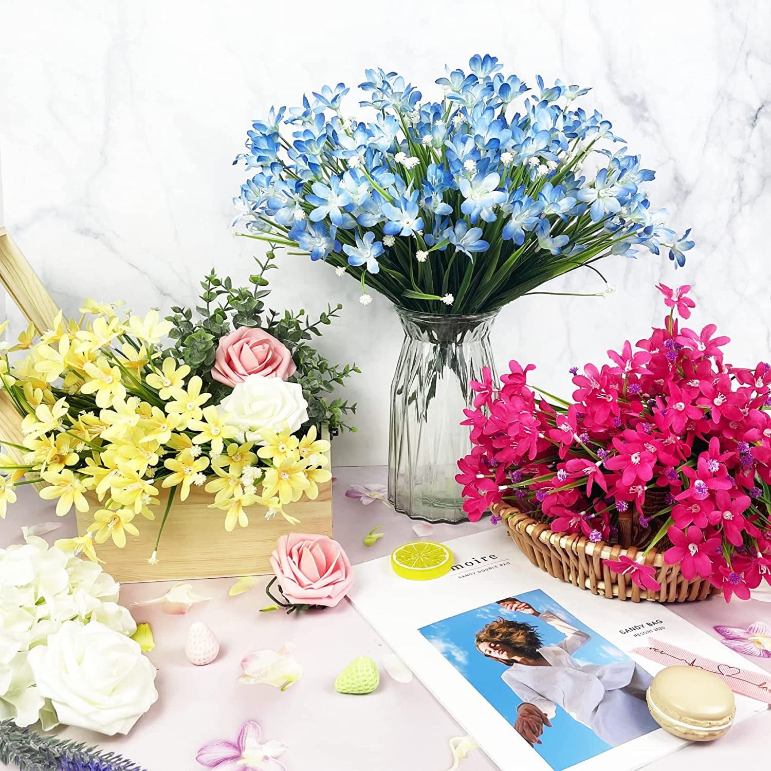 Artificial Daffodils Flowers Outdoor UV Resistant Fake Flowers Plants Faux Flowers for Garden Porch Window Box Wedding Home Decor, Blue