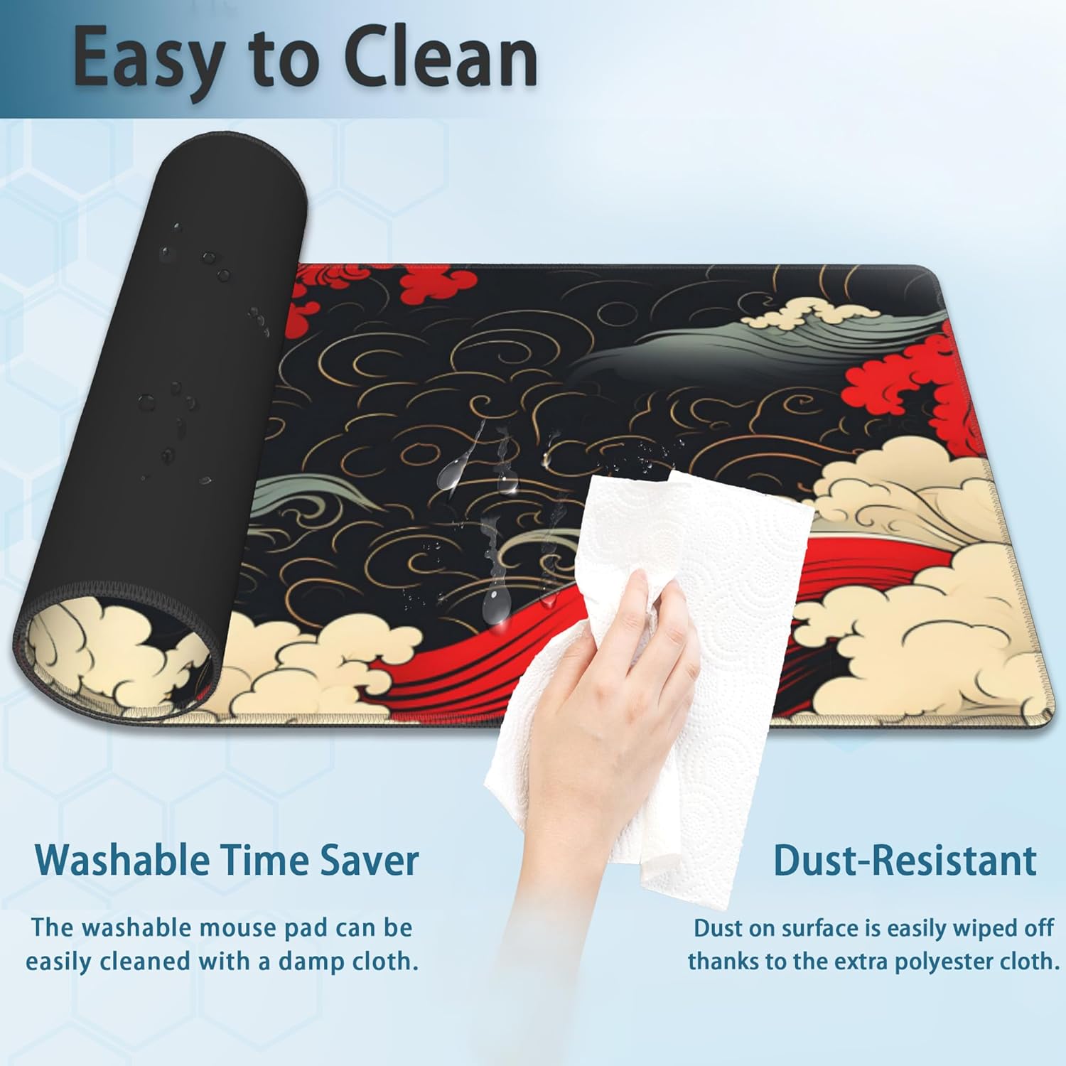 Gaming Mouse Pad, Japanese Sea Waves Extended Mouse Pad Gaming Large, Big Desk Mat with Non-Slip Base and Stitched Edge, Long Computer Keyboard Mouse Mat for Home Office Work 31.5"x11.8"