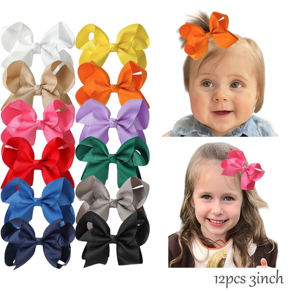 JoyBowie 12 Pcs 3 Inch Baby Girls Hair Bows Clips Grosgrain Ribbon Solid Color Hair Accessories for Infants Toddlers Kids