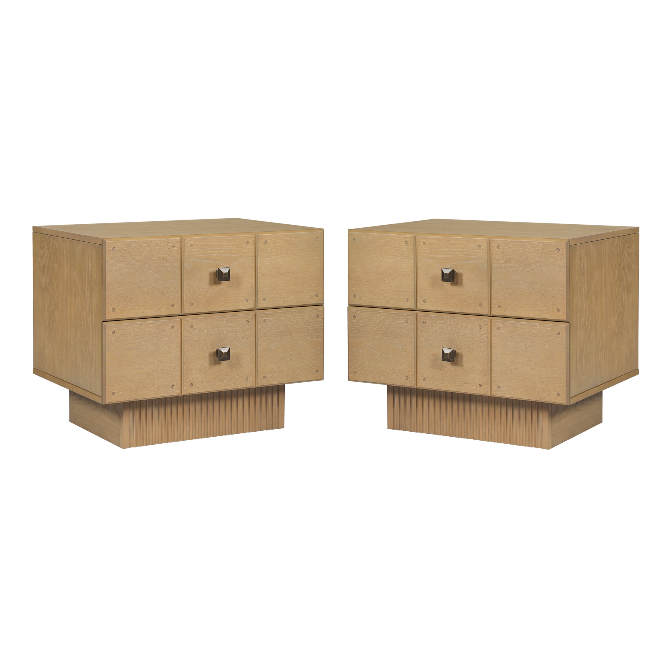 Christopher Knight Home Mid-Century Wood Nightstand with 2 Drawers, Fluted Pedestal, Natural, Set of 2