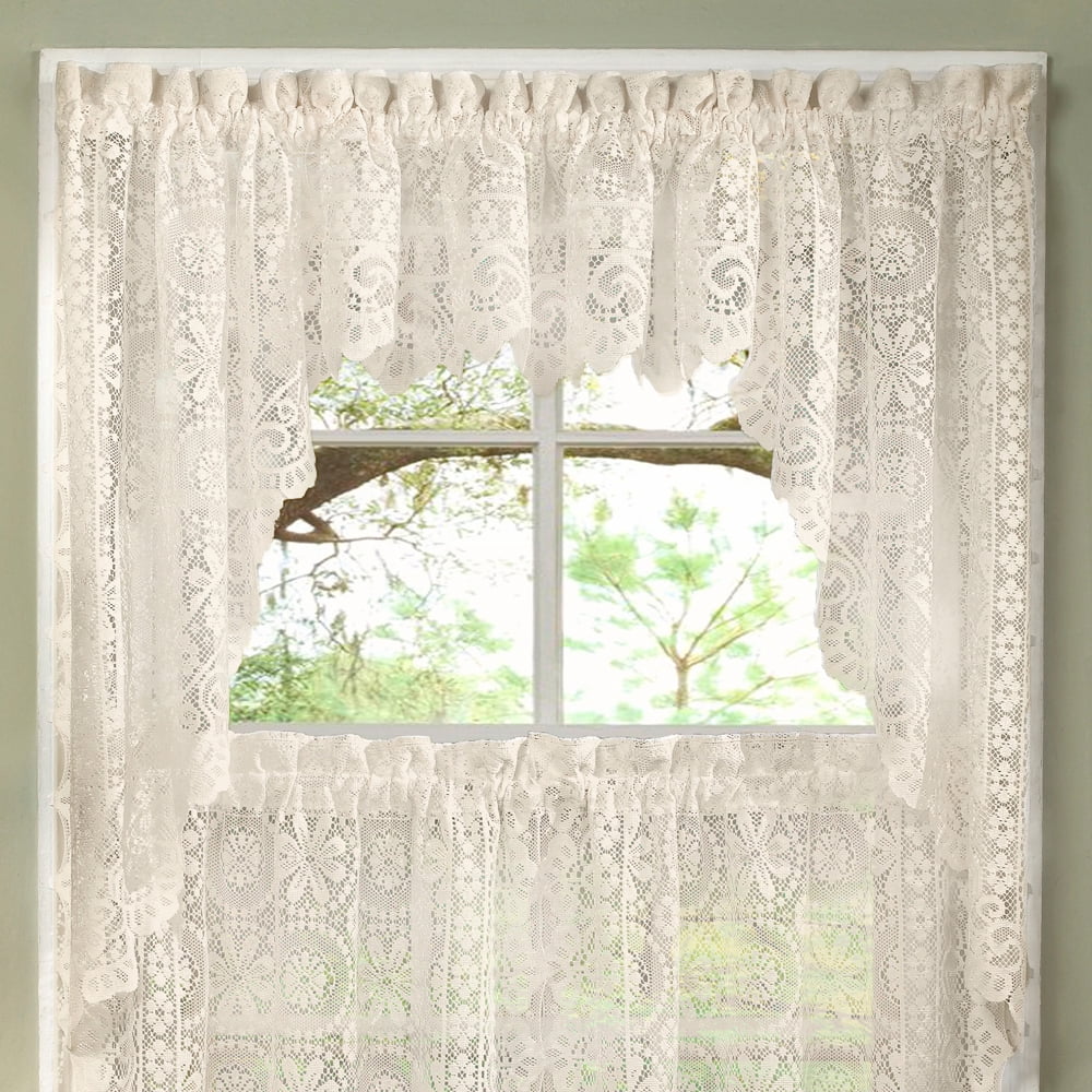 Hopewell Heavy Floral Lace Kitchen Window Curtain Swag Pair - Walmart ...