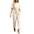 thumbnail image 2 of Women's Short Sleeve Casual Jumpsuit with Elastic Waist Pockets Summer Lightweight Solid Color Crew Neck Straight Leg One Piece Romper, 2 of 7