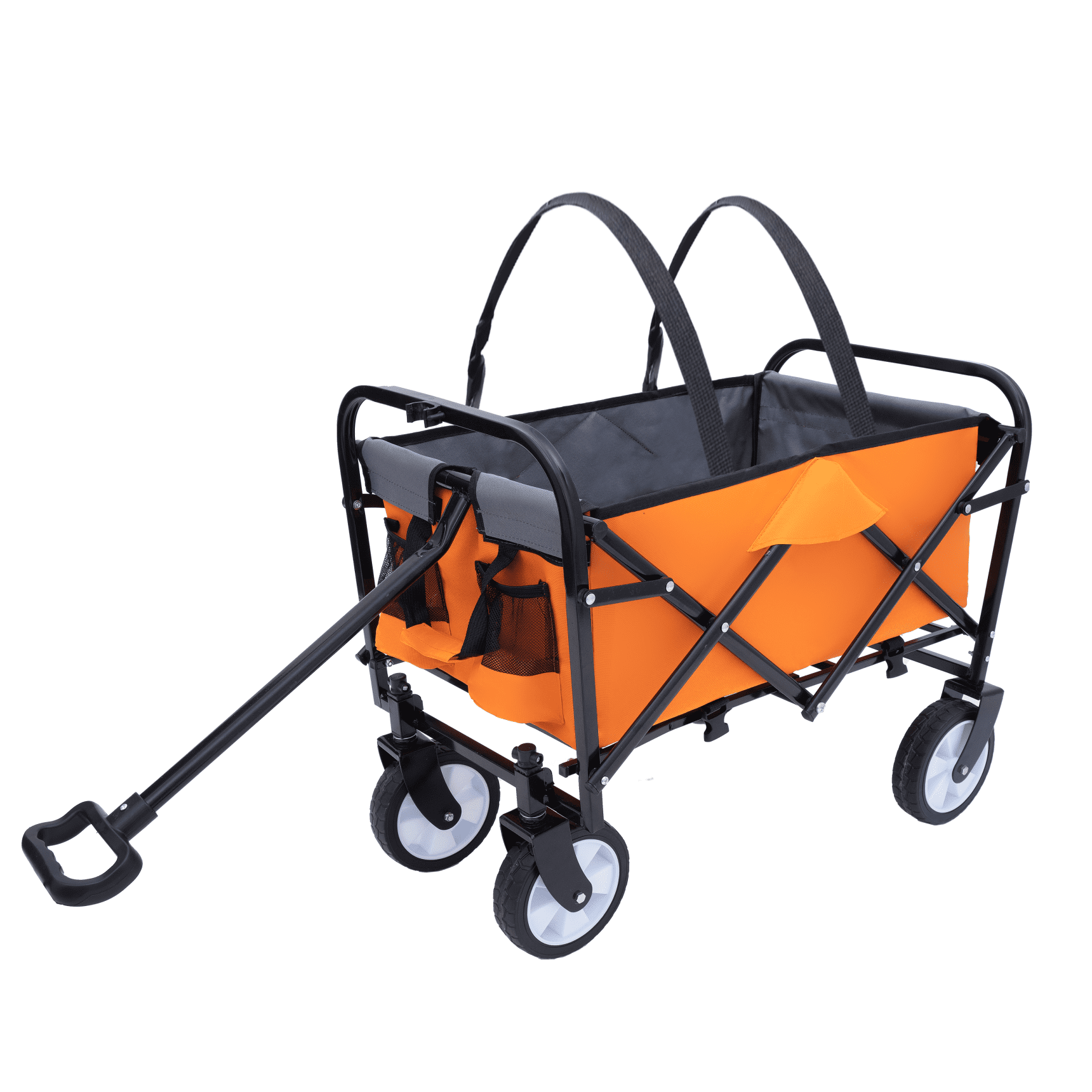 Utility Wagon Cart Foldable with Strapping System, Heavy Duty 225lbs Capacity, Lightweight Collapsible Design, Utility Cart, beach wagon with 360° Swivel Wheels for Beach, Camping, Shopping, Orange